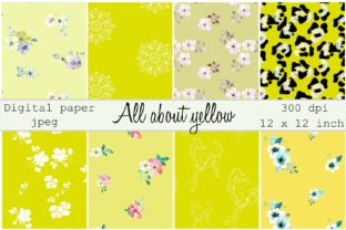 All About Yellow Digital Paper and Digital Paper Design: Hand Painted Watercolor Flowers and Decorative Elements on Yellow